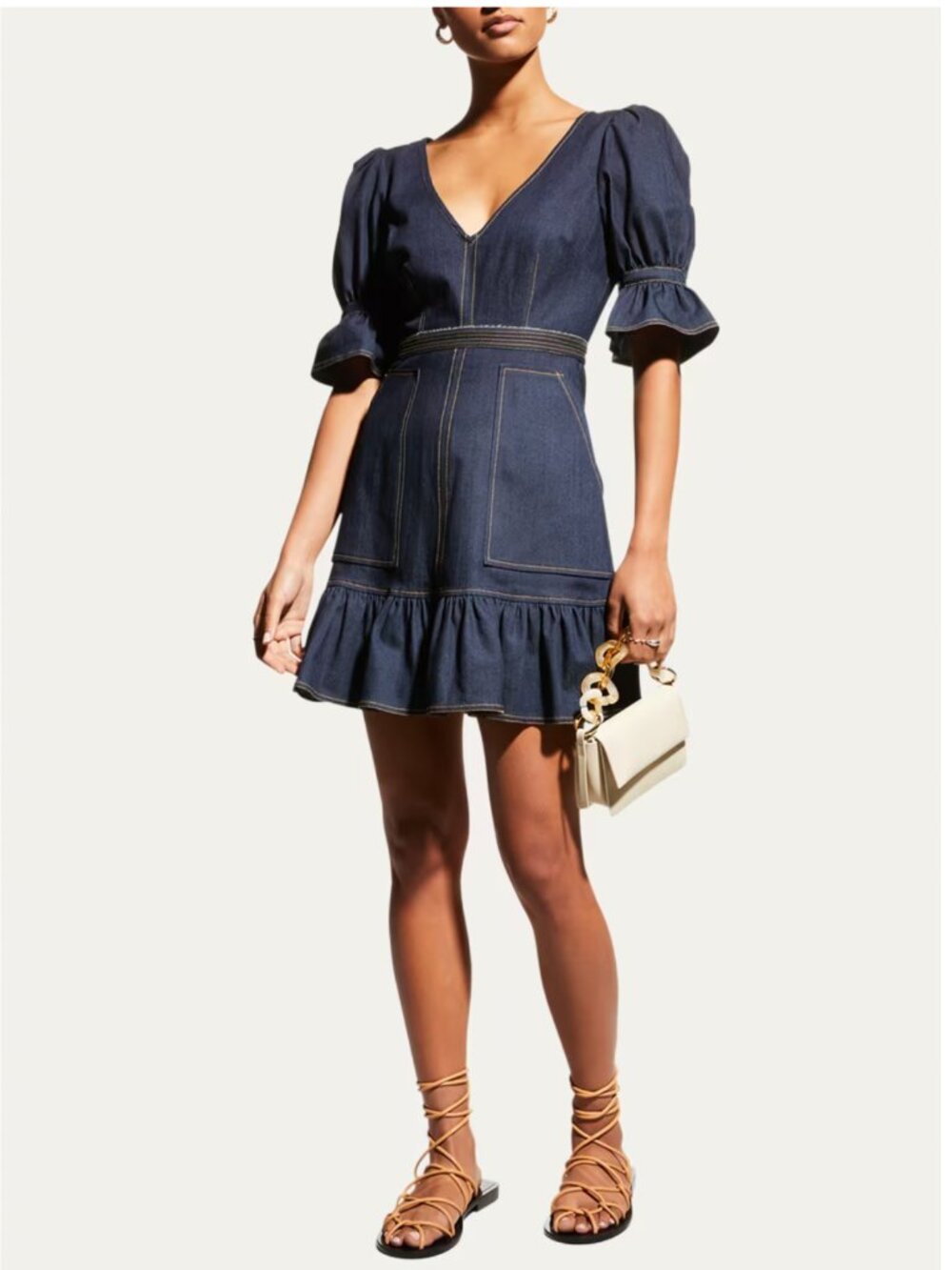Cinq à Sept Natasha Mini Dress Puff-Sleeve Denim Retro Cotton